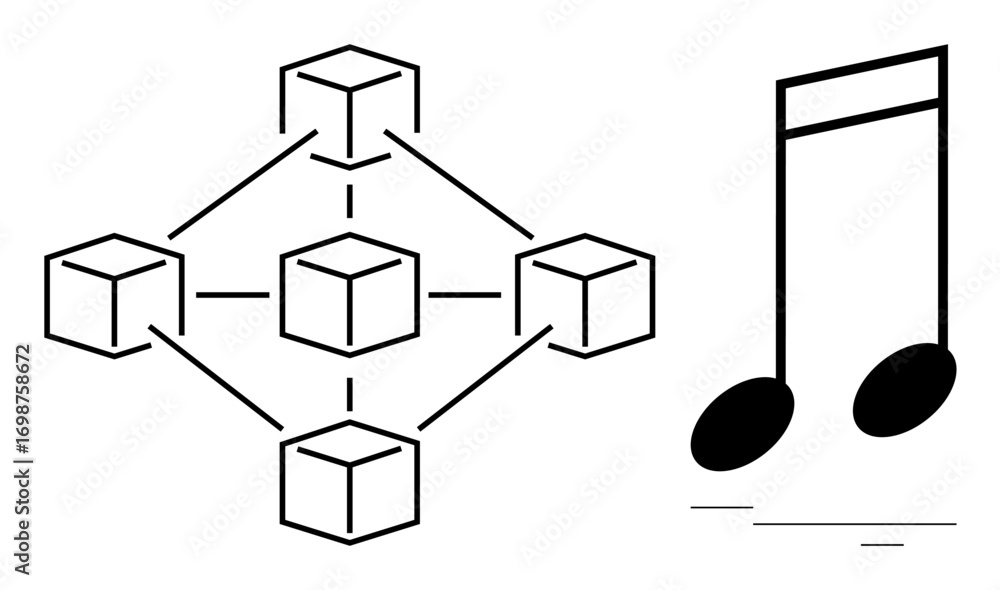 Poster simplified blockchain network of interconnected cubes alongside a musical note. ideal for blockchain