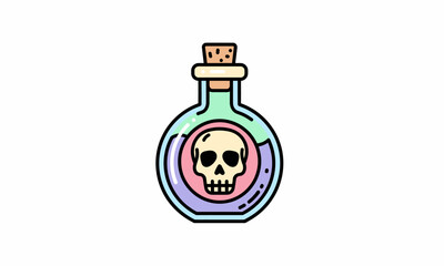 Colorful Cartoon Potion Bottle with Skull, Decorative Style.