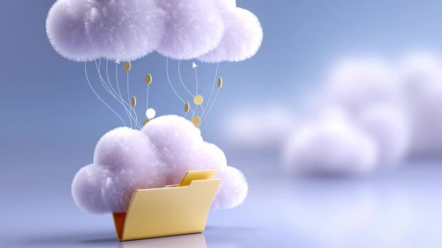 Cloud data folder storage backup sync network finance float pastel scene with arrows, secure digital archive minimal 3D render, soft cloud FinOps