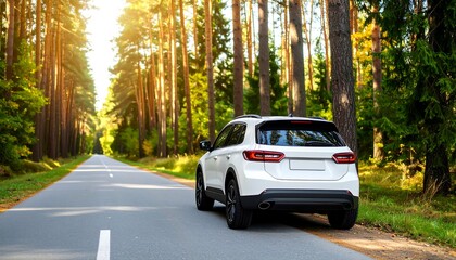 White SUV on a road through a pine forest