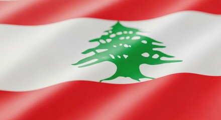 A closeup, wavy view of the lebanese flag with its distinctive green cedar tree