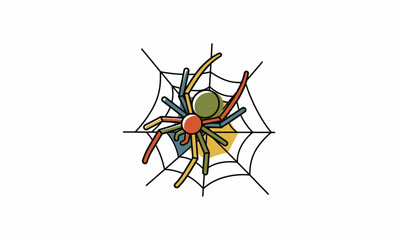 Obraz premium Colorful stylized spider with red, blue, and yellow legs resting on a simple black line art spiderweb.