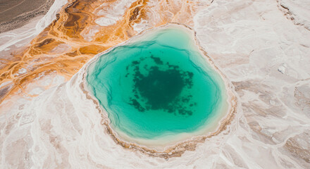 Obraz premium Discover stunning aerial views of Yellowstone's Grand Prismatic Spring's vibrant colors and geothermic features for your next travel campaign