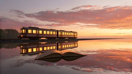 Stunning view of illuminated book train gliding across water under warm sunset light