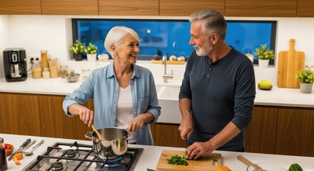 Senior couple cooking together, enjoying warm atmosphere in kitchen while stirring pot and chopping vegetables on board. Cooking together at home creates precious moments and strengthens bonds.