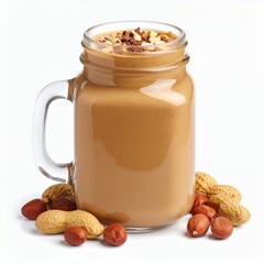 Creamy peanut smoothie in glass jar, adorned with nuts, healthful and delicious on white background