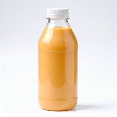 Elegant glass bottle filled with creamy mango flavored liquid presentation on white background