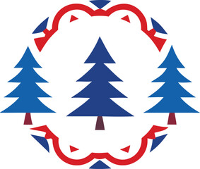 Three blue stylized pine trees are framed by a red decorative border on white