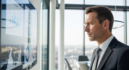 Serious professional analyzes data on large display screen. Business strategy session includes analyzing charts, graphs, and trends in modern office space.