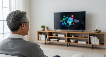 Senior man watching television at home, enjoys entertainment program. Man watching television news, and entertainment content fills him with joy, and makes him happy.