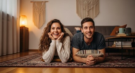 Happy couple at home smiling and resting on floor. Enjoying time together at home, happy couple smiling, resting on living room rug, looking at camera.
