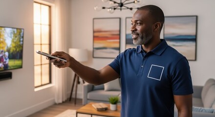 Man watching television at home and holding remote control. Watching television as recreational relaxation for African American mature man indoors.