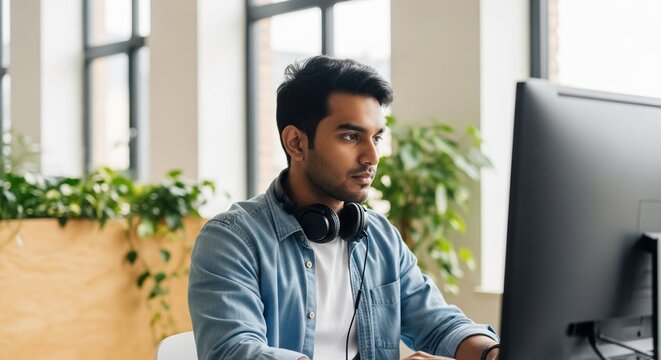Man working on computer at desk in bright modern office, creating content with purpose. Young professional using computer for work, headphones resting around his neck, for a focus on his task. - Powered by Adobe