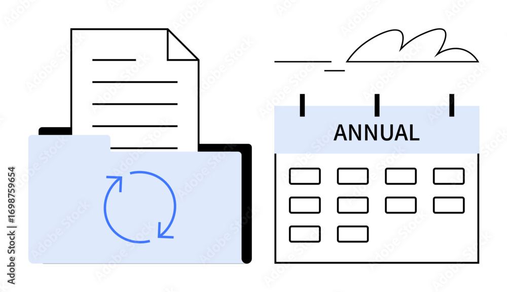 Poster folder with a document and sync icon beside a marked annual calendar. ideal for workflow, time manag
