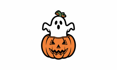 Cute cartoon ghost with black eyes and mouth popping out of a smiling carved orange Halloween pumpkin with a green stem.