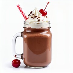 Indulgent chocolate milkshake topped with whipped cream and cherries on white background