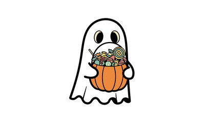 Cute Cartoon Ghost Holding a Pumpkin Bowl of Treats for Halloween.