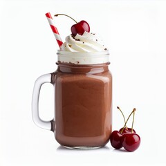 Decadent cherry chocolate milkshake with whipped cream and straw isolated on white background