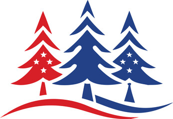 Festive red and blue pine trees with white star emblems sit on stylized hills
