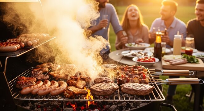 Friends celebrate summer with sizzling barbeque of burgers, sausages and kebabs in golden sunlight - Powered by Adobe