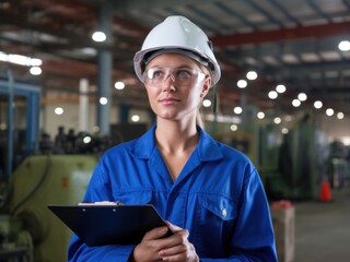 Female Engineer in Factory Setting with Clipboard - Manufacturing, Inspection, Safety Gear