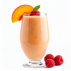 Refreshing peach smoothie adorned with raspberry and mint elegance on white background
