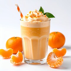 Refreshing tangerine smoothie with whipped topping and straw drink presentation on white background