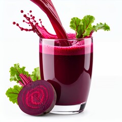 Vibrant beetroot juice cascade in clear glass with sliced beet root element on white background