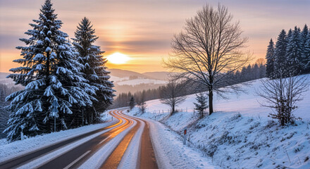 Winter landscape featuring a road covered in snow with trees and a sunset in the background scenery view