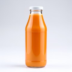 Freshly squeezed carrot beverage in a glass container presented elegantly on white background