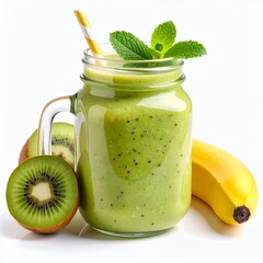 Refreshing green smoothie in mason jar with kiwi and banana, wellness drink on white background