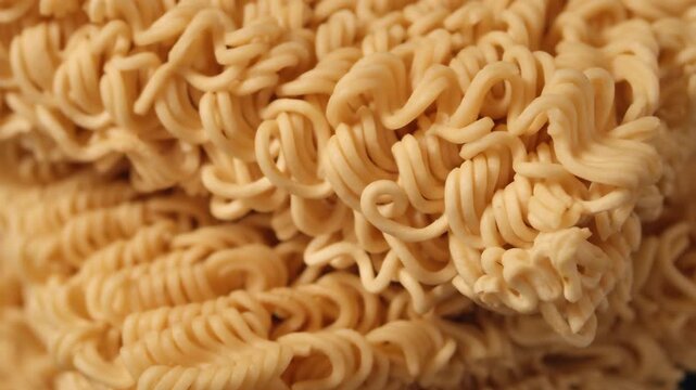 Macro closeup of uncooked instant ramen noodle block showing golden curly strands intertwined