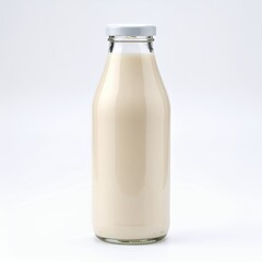 Elegant clear bottle filled with creamy milk product presenting freshness on white background