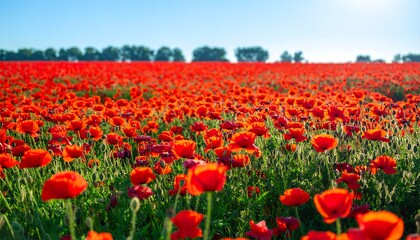 Vibrant red poppy field stretches to horizon, bright blue sky