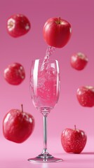 Surreal pink scene with floating red apples and glass of sparkling beverage