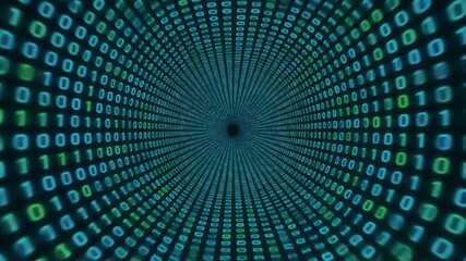 A vast, illuminated tunnel formed by streaming streams of binary code in blue and green, disappearing into a central point of darkness. - Powered by Adobe