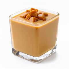 Elegant dessert display featuring caramel cubes atop creamy custard pudding on white background