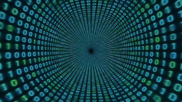 A vast, illuminated tunnel formed by streaming streams of binary code in blue and green, disappearing into a central point of darkness.