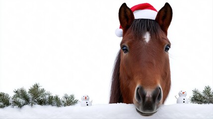 Festive horse with santa hat among snowman and pine in winter wonderland