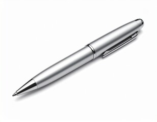 Elegant silver pen resting on a clean white background, ready for writing