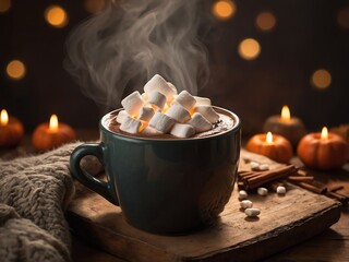Close-up of hands wrapped around steaming mug of hot chocolate and mini marshmallows