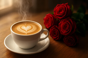Obraz premium Romantic latte coffee served with fresh blooming rose bouquet