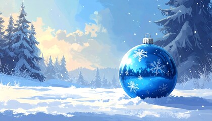 A vibrant winter scene with a blue Christmas ornament