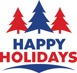 Three stylized Christmas trees in red and blue highlight the seasonal greeting on white