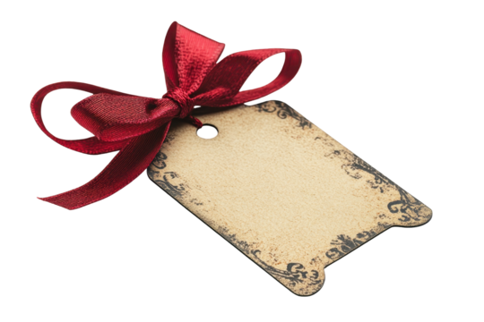 Gift tag with a red ribbon and black hearts pattern used for decoration, craft, or labeling presents for birthdays and special occasions