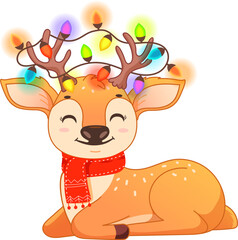 Cute reindeer with Christmas lights on antlers, vector illustration in festive colors