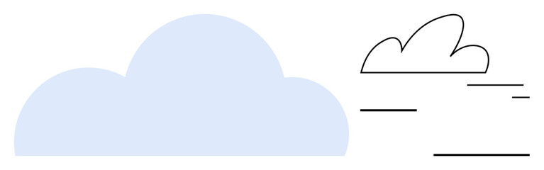 Blue solid cloud paired with black outlined cloud and dynamic wind streaks. Ideal for weather, environment, growth, data, simplicity, nature, clean simple landing page