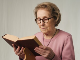 Elderly Woman Reading Book with Glasses - Senior Lady Enjoying Literature and Leisure Time at Home