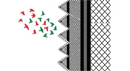 A flock of birds in palestinian colors flies towards a pattern of keffiyeh fabric
