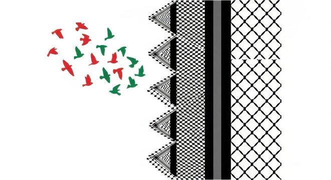 A flock of birds in palestinian colors flies towards a pattern of keffiyeh fabric